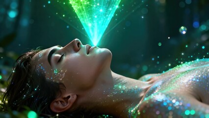 Fototapeta premium Woman lying under glowing green light pyramid. Magical energy flowing into head. Spiritual meditation and supernatural healing. Esoteric fantasy concept with sparkles in darkness.