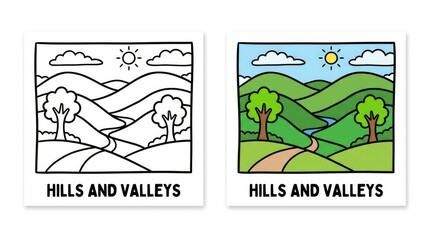 Obraz premium Colorful Hills and Valleys Landscape with Trees and Sun Illustration.