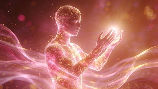 Man composed of glowing light particles holding shining energy in palm. Digital character manifestation, spiritual awakening and zen meditation concept. Abstract futuristic human soul energy.