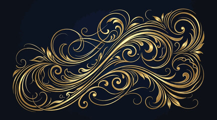 Elegant golden floral filigree ornament on dark blue background © S.Siam