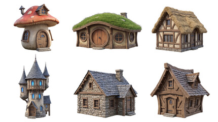 Whimsical fantasy houses 3D render isolated on a transparent background, featuring a mushroom, hobbit hole. © Piotr
