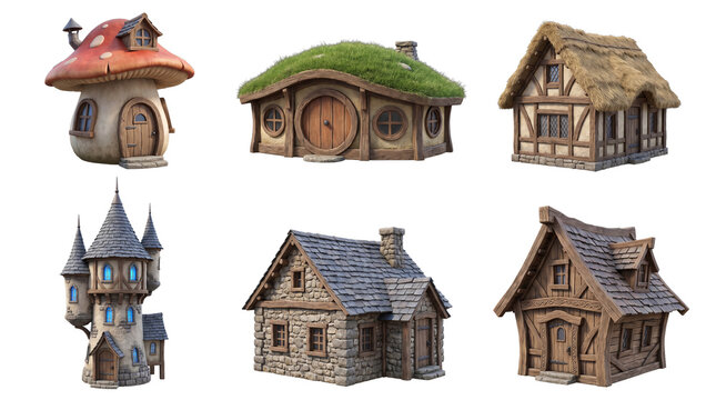 Whimsical fantasy houses 3D render isolated on a transparent background, featuring a mushroom, hobbit hole.