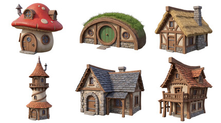 Naklejka premium Six fantasy houses in 3D render. Mushroom, hobbit, and traditional European styles, isolated on transparent background.