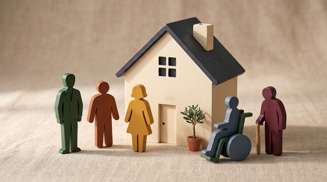 Diverse wooden figurines standing beside a model house representing inclusive community housing