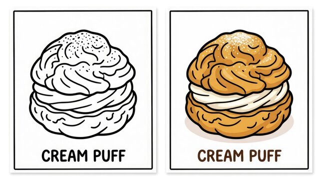 Delicious Cream Puff Dessert Illustration in Black and White and Color.