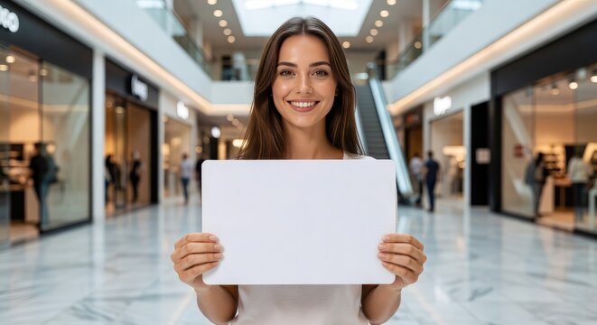 Woman holding a blank white sign in a shopping mall. Smiling shopper showing copy space for advertisement. Consumer marketing concept for retail store promotion and lifestyle communication.