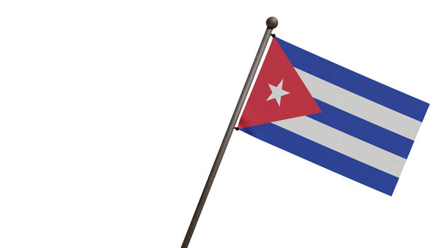 A realistic 3D render of the Cuba flag waving on a wooden flagpole, isolated against a solid black background with ample copy space