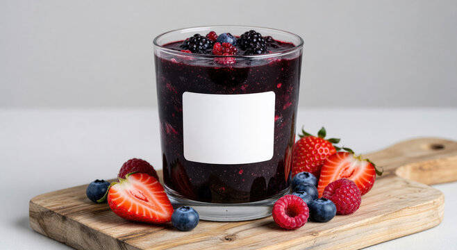 Berry smoothie in glass with blank label on wooden board. Refreshing fruit drink for healthy breakfast. Organic diet nutrition and antioxidant rich vitamin beverage for wellness concept.