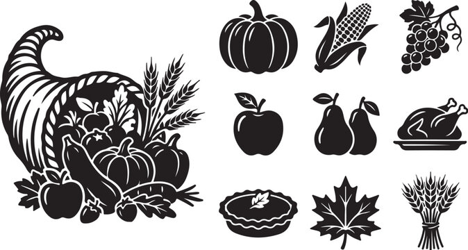 Thanksgiving harvest icons and cornucopia symbols illustration
