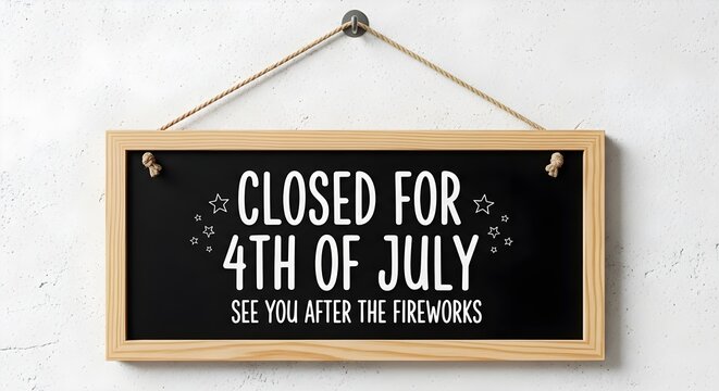 Closed for 4th of july sign hanging on a textured white wall chalkboard sign with wooden frame announcing holiday closure and fireworks celebration