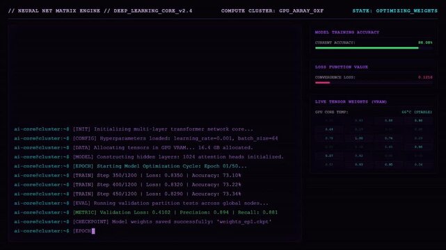 Artificial intelligence deep learning engine screen with digital computer terminal code tracking neural network model training metrics and accuracy dashboard.