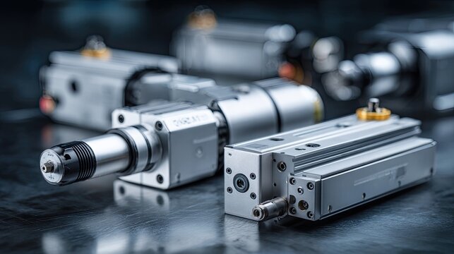 A close-up view of industrial pneumatic cylinders on a dark reflective surface