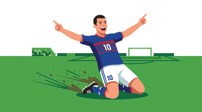 A man in a blue jersey celebrates a sports victory on a green field with his arms raised in triumph and a trophy cup nearby.