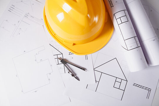 Architectural plans and rolls of blueprints, architectural project concept