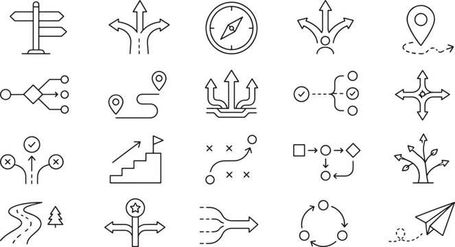 Set of navigation and pathfinding line icons