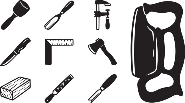 Black and white illustration of various carpentry tools