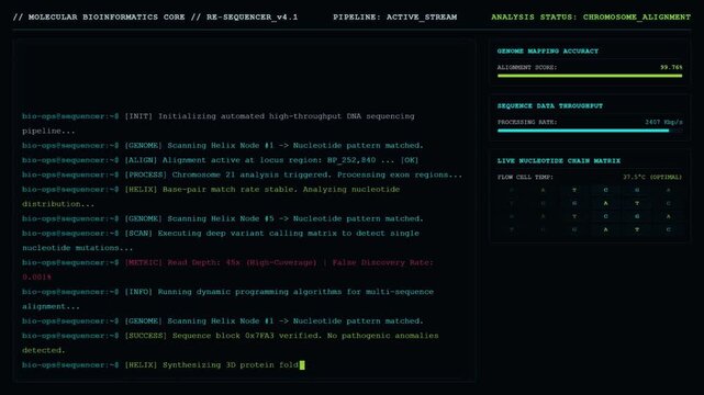 Molecular bioinformatics genome sequencing screen with blue digital computer terminal code tracking DNA mapping analytics and chromosome alignment dashboard.
