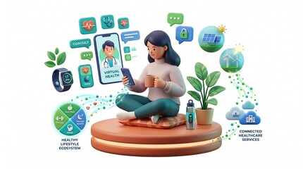 Fototapeta premium 3d flat vector illustration of telehealth services supporting a sustainable remote lifestyle for health conscious individuals working from anywhere.