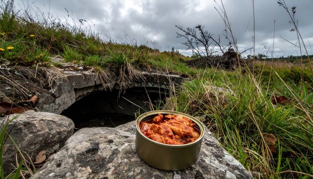 An opened, long expired military food ration can sits on a rock near overgrown ruins under an overcast sky