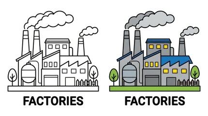 Fototapeta premium Industrial Factory Illustration Black and White and Color Versions.