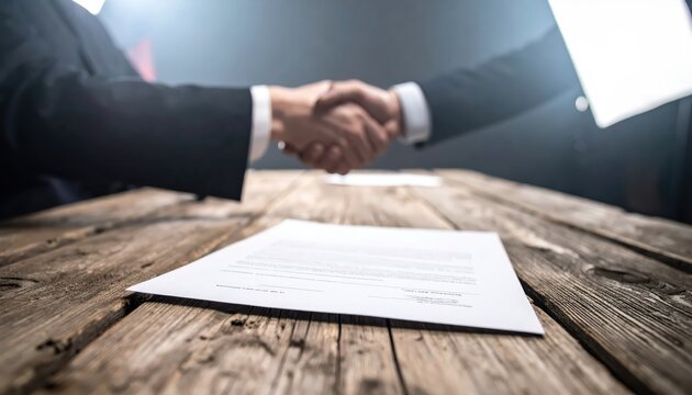 Business professionals shaking hands over a signed agreement document resting on a wooden table, symbolizing a successful deal.