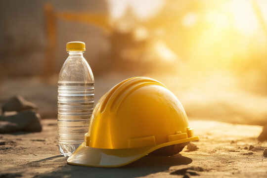 Yellow Safety Helmet and Water Bottle on Hot Construction Site_KT167