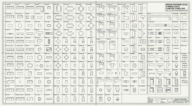 Comprehensive furniture plan template with various furniture icons and dimensions