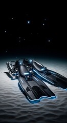 Naklejka premium Futuristic bioluminescent diving fins resting on dark ocean sand floor