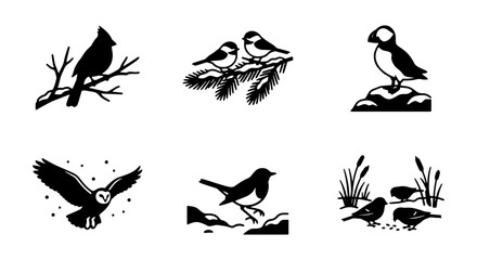 Charming Bird Silhouettes Vector Set: Woodland, Garden, and Winter Avian Icons for Nature Designs © Saiful