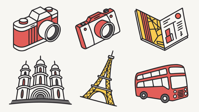 Travel and sightseeing landmark icons including camera and eiffel tower