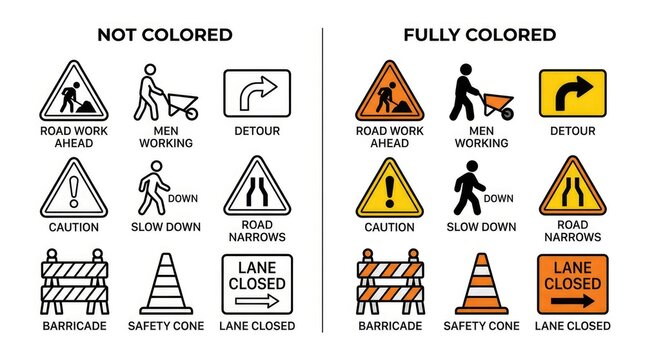 Road Work Ahead Cautionary Signs and Symbols for Safety and Detours.