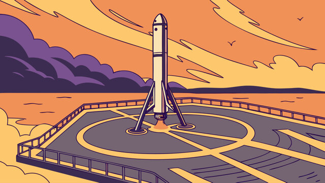 Space rocket landing on platform in surreal orange sky vector illustration