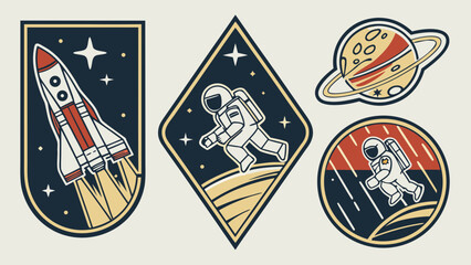 Space mission badges and astronaut emblems set with astronaut, cosmonaut © Md