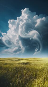 A large, swirling storm cloud looms over a vast, open field of tall grass under a dark blue sky.