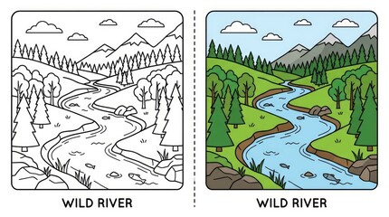 Obraz premium Scenic Wild River Flowing Through Lush Green Landscape with Mountains and Trees.