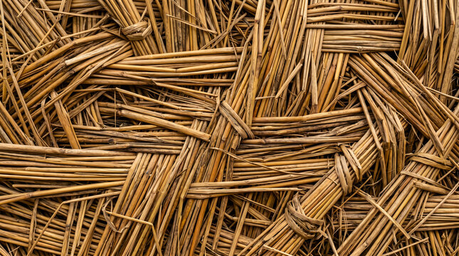 Detailed close-up of intricately hand-woven natural straw. This rustic texture provides an organic background pattern, showcasing craftsmanship and earthy tones