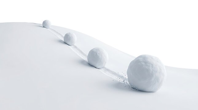 Snowballs rolling down a snowy hill isolated on white background