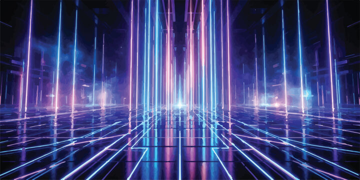 Glowing neon laser tunnel with reflected floor grid cyberpunk futuristic background technology abstract vertical reflective synthwave environment wallpaper perspective illumination