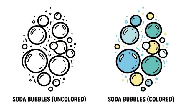 Soda Bubbles Illustration Uncolored and Colored Versions on White Background.