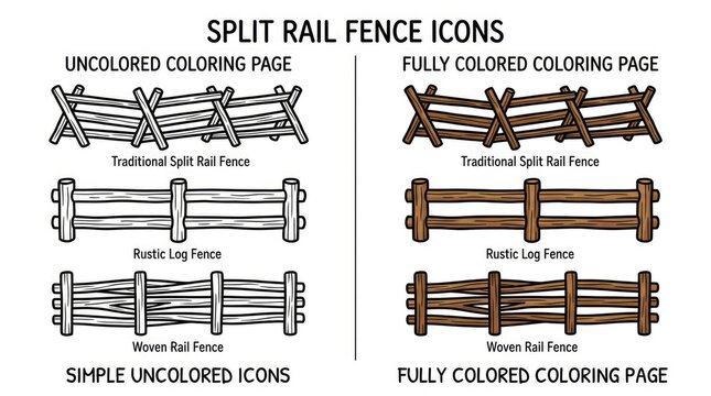 Split Rail Fence Icons Uncolored and Fully Colored Coloring Pages.