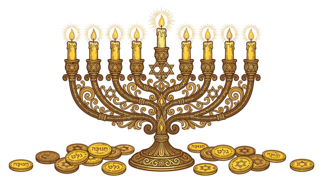 Menorah with lit candles and coins.