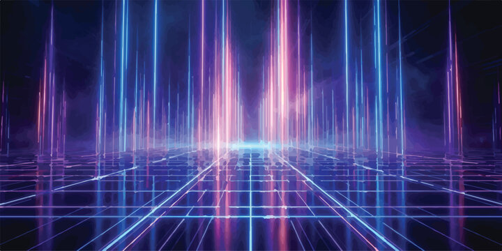 Abstract digital background with neon blue and purple glowing vertical laser lines on a reflective grid surface abstract background futuristic reflective vertical technology synthwave geometry