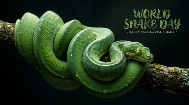 Lush Green Serpent coiled around Mossy Branch with World Snake Day Typography