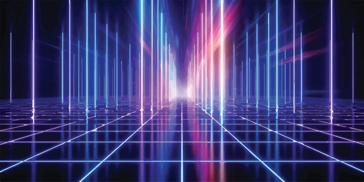 Futuristic digital space with glowing blue and purple vertical laser lines and dark reflective grid floor futuristic background reflective abstract vertical technology synthwave electronic