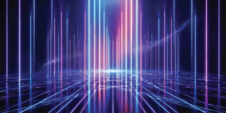 Abstract neon light pillars against dark background with sci fi abstract futuristic background technology vertical performance illumination perspective creative innovation synthwave
