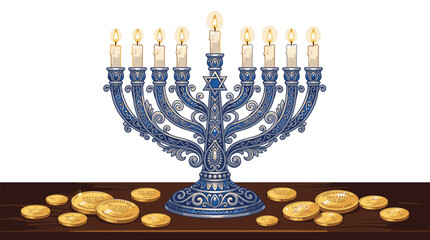Fototapeta premium Blue Menorah With Gold Coins.