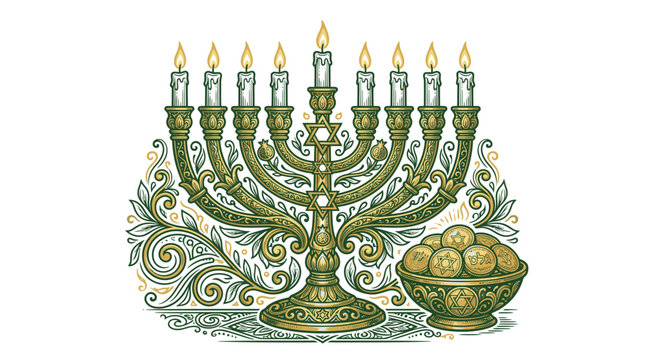 Menorah with nine lit candles.