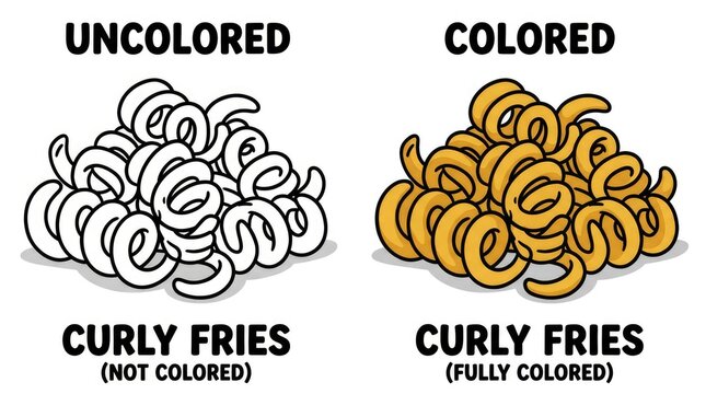 Uncolored and Colored Curly Fries Illustration for Food and Menu Design.