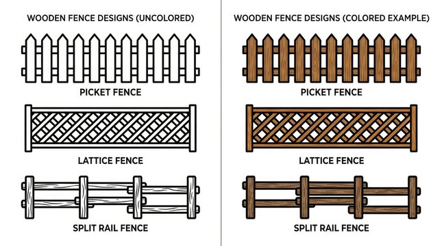 Wooden Fence Designs Picket Lattice and Split Rail Styles in Black and Brown.