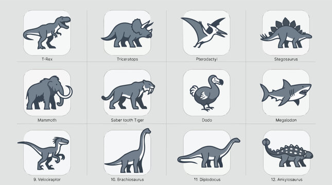 Collection of prehistoric and extinct animal icons including dinosaurs and mammals.